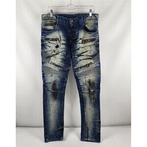 Rockstar Jeans Mens 34 Blue Splatter Biker Moto Button Fly Denim (34x34)